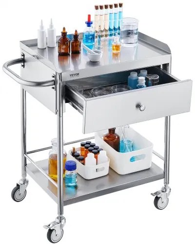 VEVOR Medical Cart, 2 Layers Stainless Steel Cart 220 lbs Weight Capacity, Lab Utility Cart with 360° Silent Wheels and a Drawer for Lab, Clinic, Kitchen, Salon