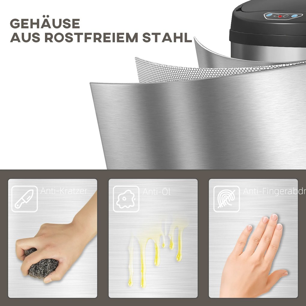 HOMCOM Κάδος Αισθητήρα 42 λίτρων με Λειτουργία Soft-Close, Ανεπαφικός Κάδος από Ανοξείδωτο Ατσάλι για Υγιεινούς Κουζίνες