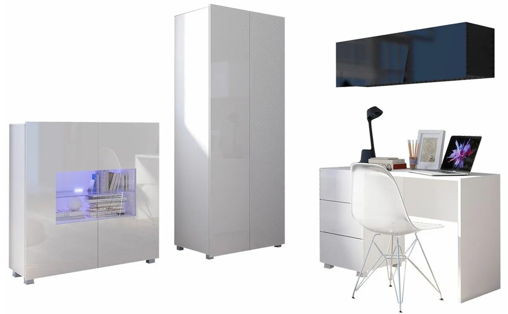 Σετ επίπλων Providence B156, 200x52cm, 143 kg, Γυαλιστερό μαύρο, Γυαλιστερό λευκό, Επεξεργασμένο γυαλί, Πλαστικοποιημένη μοριοσανίδα, Στυλ: Μοντέρνο