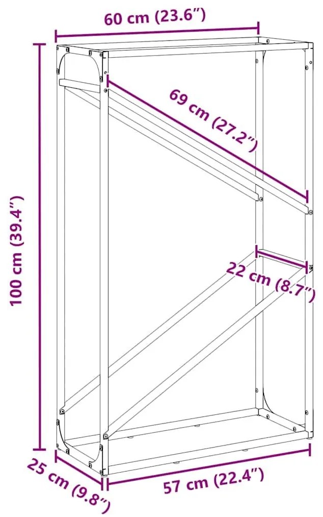 Ράφι για καυσόξυλα Μαύρο 60x25x100 εκ. Ατσάλι ψυχρής έλασης - Μαύρο