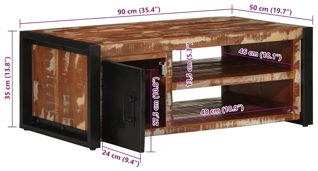 Τραπεζάκι σαλονιού πολύχρωμο 90x50x36cm Ξύλο μασίφ αναγεννημένο - Πολύχρωμο