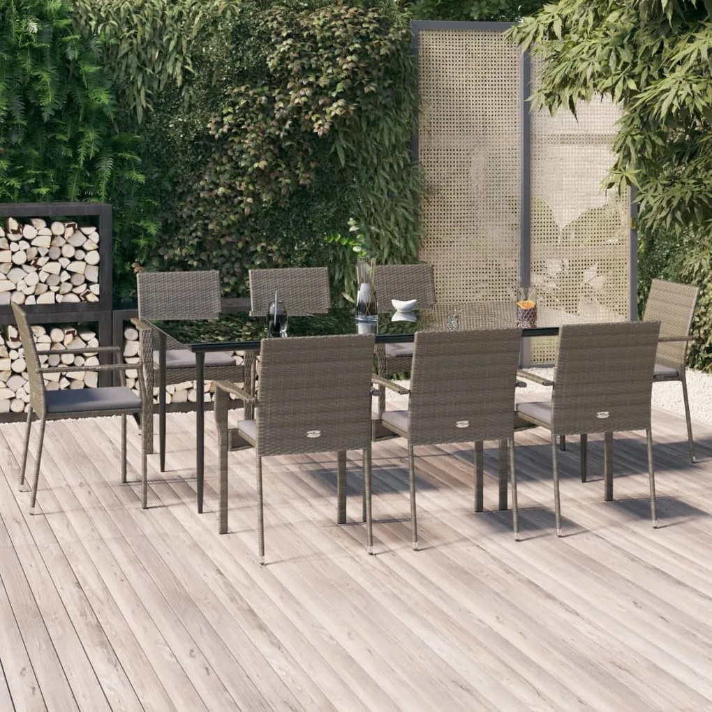 vidaXL Σετ Τραπεζαρίας Κήπου 9 τεμ Μαύρο&amp;Γκρι Συνθ. Ρατάν με Μαξιλάρια