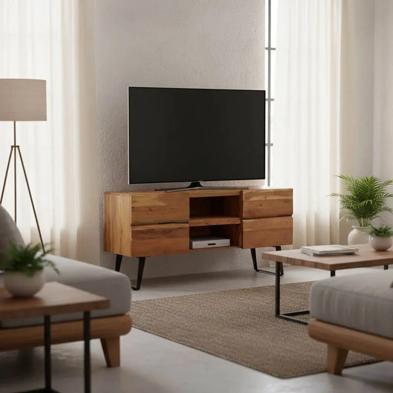 Έπιπλο τηλεόρασης Dervie pakoworld φυσικό μασίφ ξύλο ακακίας 130x43.5x66.5εκ