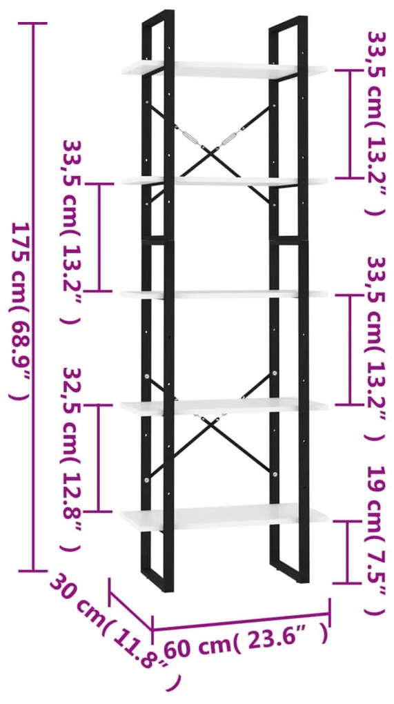 vidaXL Βιβλιοθήκη με 5 Ράφια Λευκή 60 x 30 x 175 εκ. από Επεξ. Ξύλο