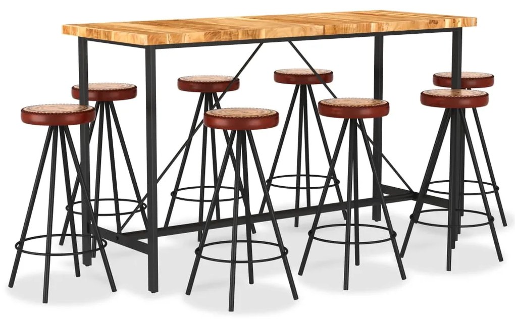 vidaXL Σετ Επίπλων Μπαρ 9 τεμ. Ξύλο Ακακίας/Γνήσιο Δέρμα/Καραβόπανο