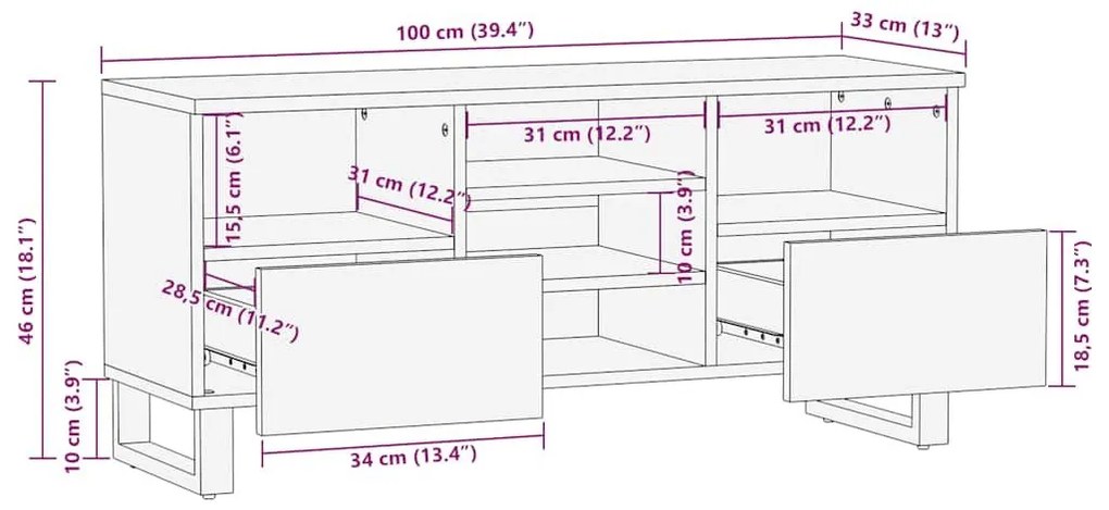 Έπιπλο Τηλεόρασης Μαύρο 100 x 33 x 46 εκ. από Μασίφ Ξύλο Μάνγκο - Μαύρο