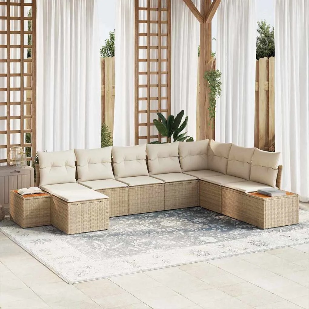 vidaXL Σετ Καναπέ Κήπου με μαξιλάρι 8 pcs Μπεζ Πολυ ράταν