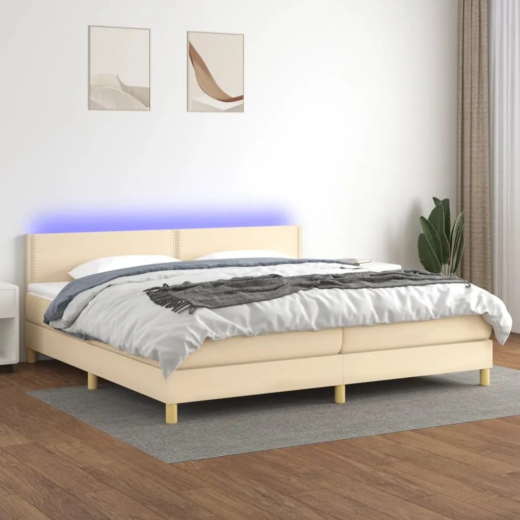 vidaXL Κρεβάτι Boxspring με Στρώμα & LED Κρεμ 200x200 εκ. Υφασμάτινο