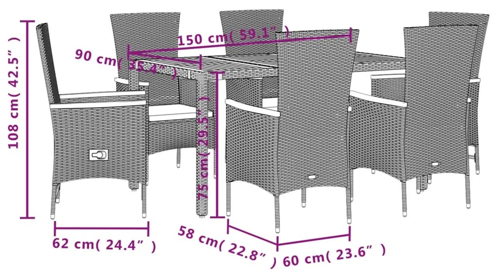 Σετ Τραπεζαρίας Κήπου 7 Τεμ. Μαύρο Συνθετικό Ρατάν με Μαξιλάρια 3277512