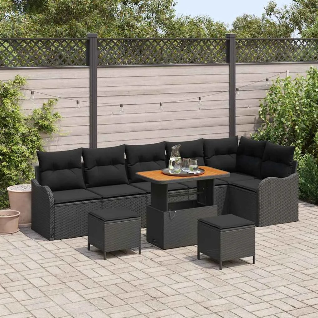vidaXL Σετ Καναπέ Κήπου Ρυθμιζόμενο ύψος 9 pcs Μαύρο συνθετικό ρατάν
