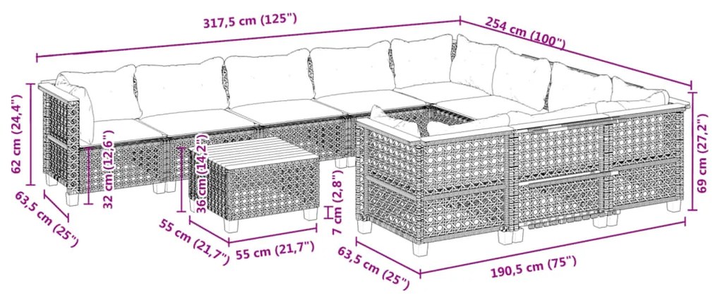 Σαλόνι Κήπου 11 Τεμαχίων Γκρι από Συνθετικό Ρατάν με Μαξιλάρια - Γκρι