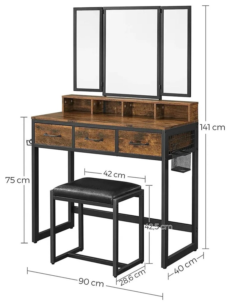 Τουαλέτα Burbank 118, Καφέ, Μαύρο, Καθρέφτης, 75x90x40cm, 30 kg | Epipla1.gr