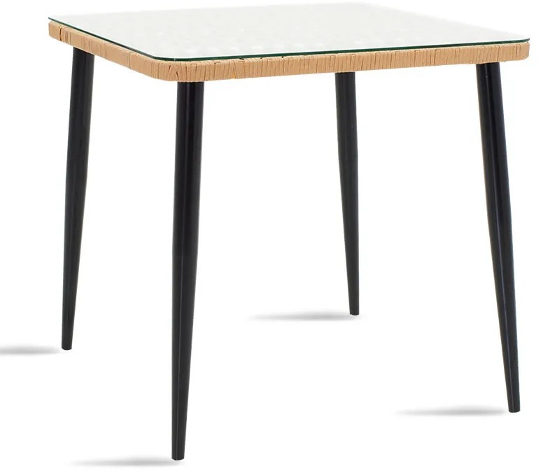 Τραπέζι Naoki pakoworld γυαλί-μέταλλο μαύρο-pe rattan σε φυσική απόχρωση 80x80x78εκ