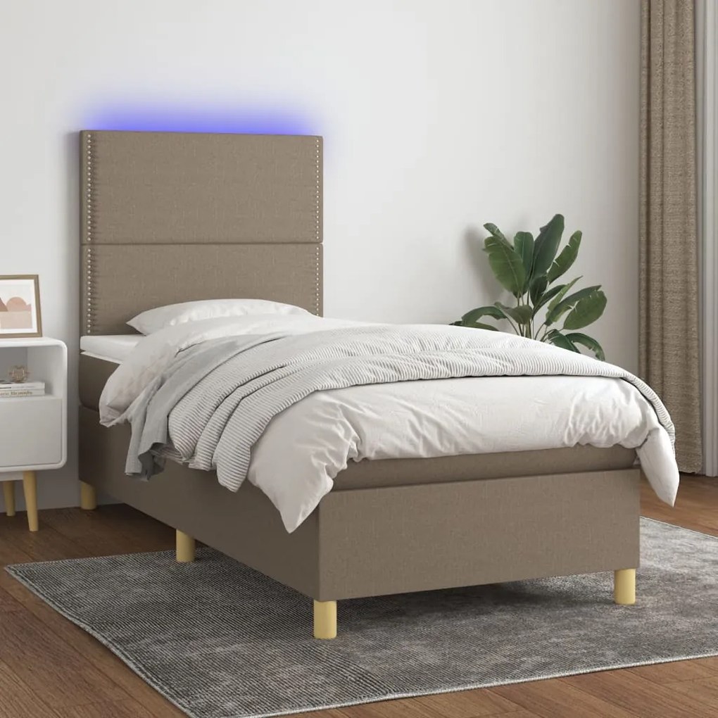 vidaXL Κρεβάτι Boxspring με Στρώμα & LED Taupe 90x200 εκ. Υφασμάτινο