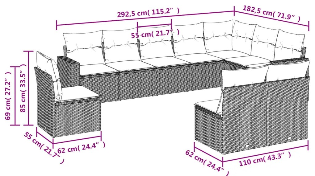 vidaXL Σαλόνι Κήπου Σετ 10 Τεμαχίων Μαύρο Συνθετικό Ρατάν με Μαξιλάρια