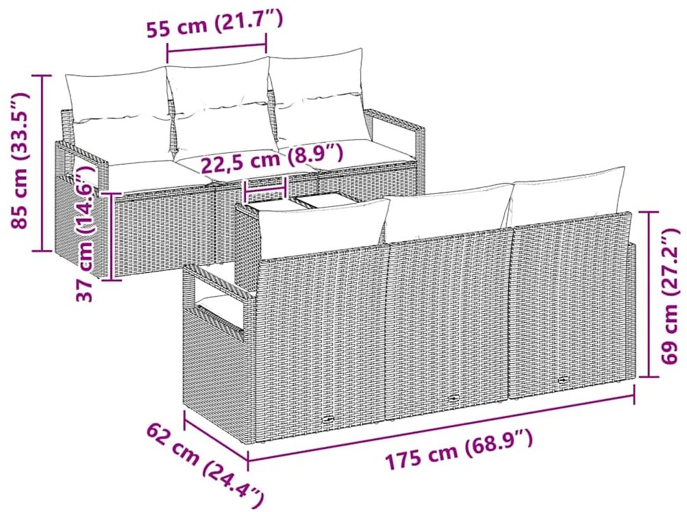 vidaXL Σετ Καναπέ Κήπου 7 pcs Μαύρο 55 x 55 x 37 εκ συνθετικό ρατάν