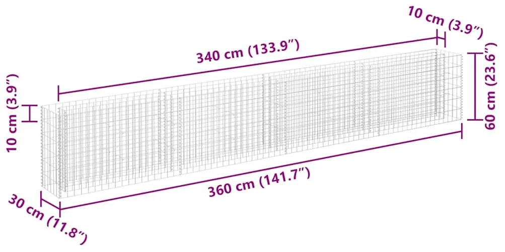 vidaXL Συρματοκιβώτιο-Γλάστρα Υπερυψωμένη 360x30x60 εκ. Γαλβ. Χάλυβας