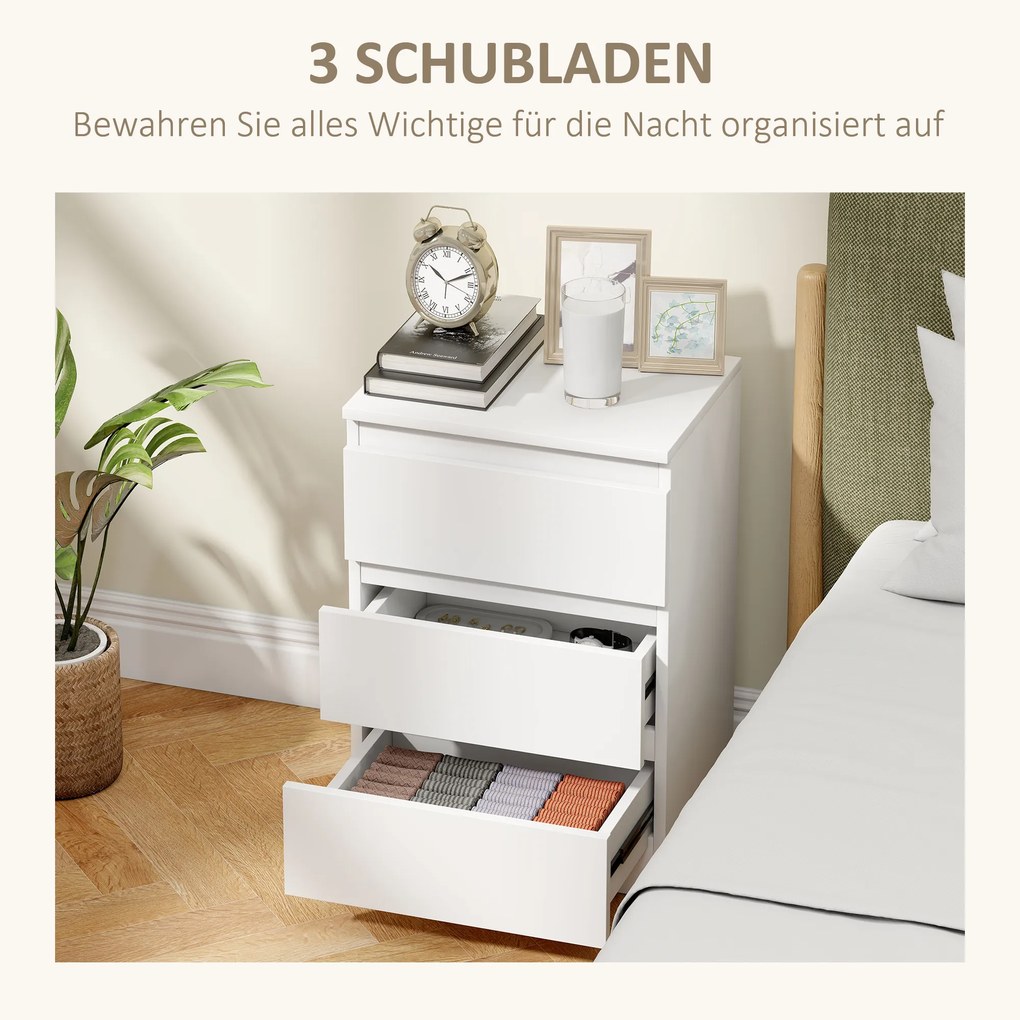 HOMCOM Νυχτερινό Τραπεζάκι, Σετ 2 Τραπεζιών Κομοδίνου με 3 Συρτάρια, Νυχτικό, Κομοδίνο για Υπνοδωμάτιο, Σαλόνι, 40 x 30 x 59,5 cm, Λευκό