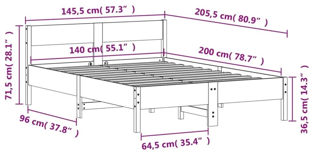 Πλαίσιο Κρεβατιού με Κεφαλάρι Λευκό 140x200 εκ. από Μασίφ Πεύκο - Λευκό