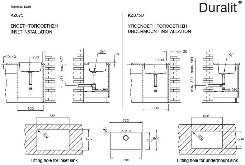 Νεροχύτης Υποκαθήμενος Duralit KZ075U Μονός-Gkri Skouro