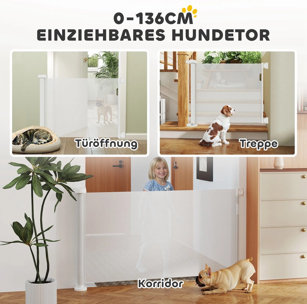 PawHut Πτυσσόμενη Πύλη Ασφαλείας για Σκάλες Επεκτεινόμενη 0-136cm Ύψος 87 cm Πύλη Πόρτας για Κατοικίδια 142 x 10 x 87 cm Λευκό