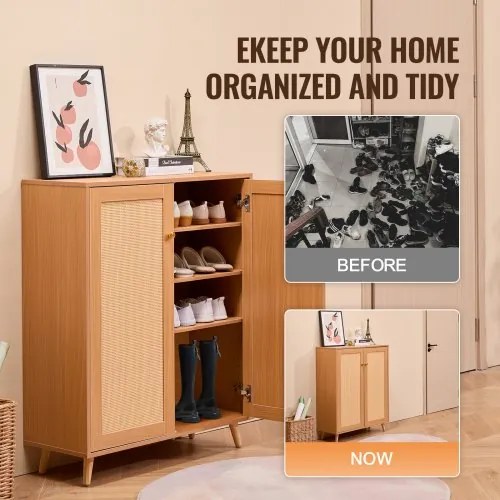 VEVOR Rattan Shoe Cabinet 5 Tiers Shoe Organizer 2 Doors &amp; Adjustable Shelves