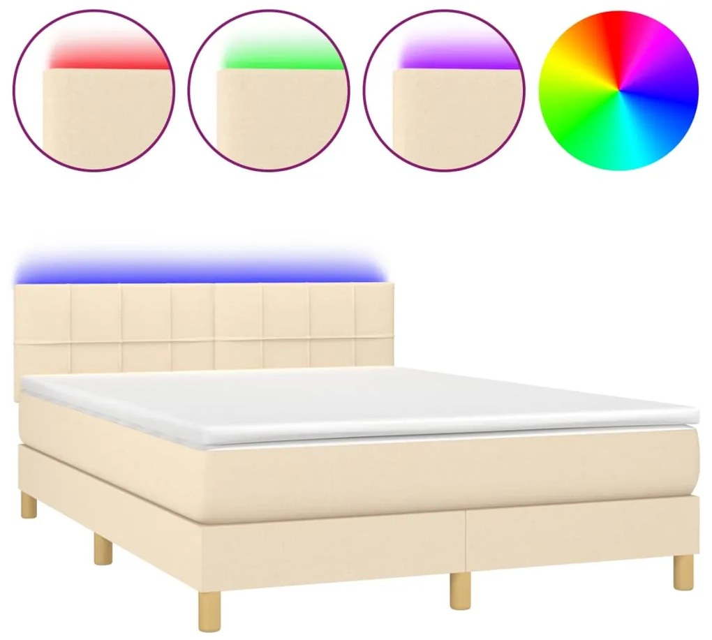 vidaXL Κρεβάτι Boxspring με Στρώμα & LED Κρεμ 140x200 εκ. Υφασμάτινο