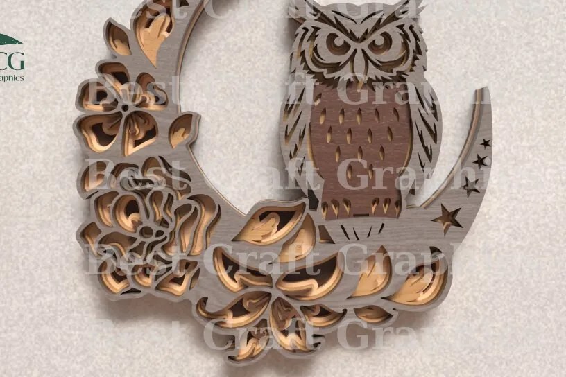 Σετ των 2 Intra απο ξύλο plywood  Χρώμα wenge 3mm-4mm πάχος - λέιζερ Floral Owl Moon Δίασταση 20x20 cm INTRAFABR-120390017