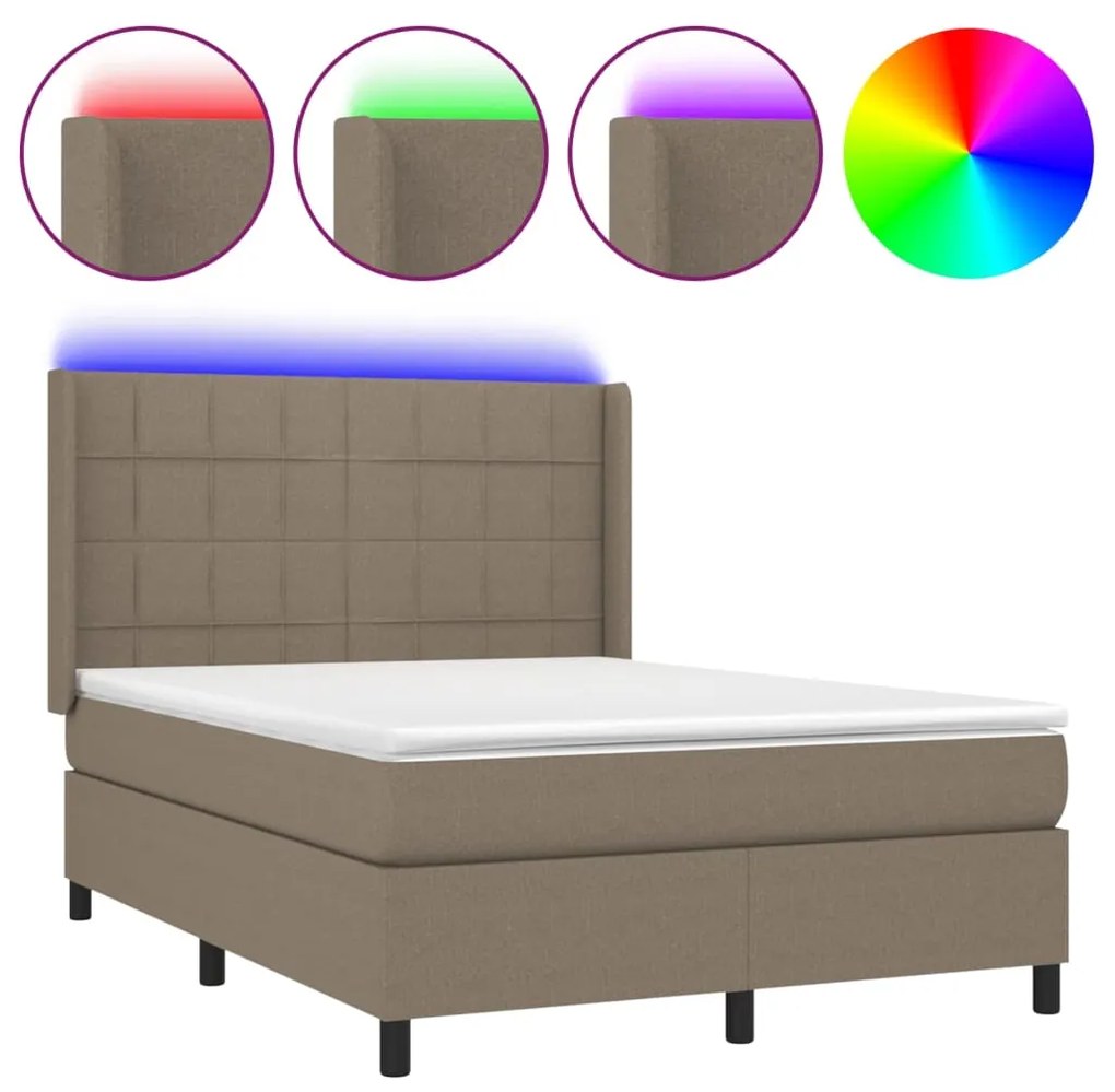 Κρεβάτι Boxspring με Στρώμα &amp; LED Taupe 140x190 εκ. Υφασμάτινο - Μπεζ-Γκρι