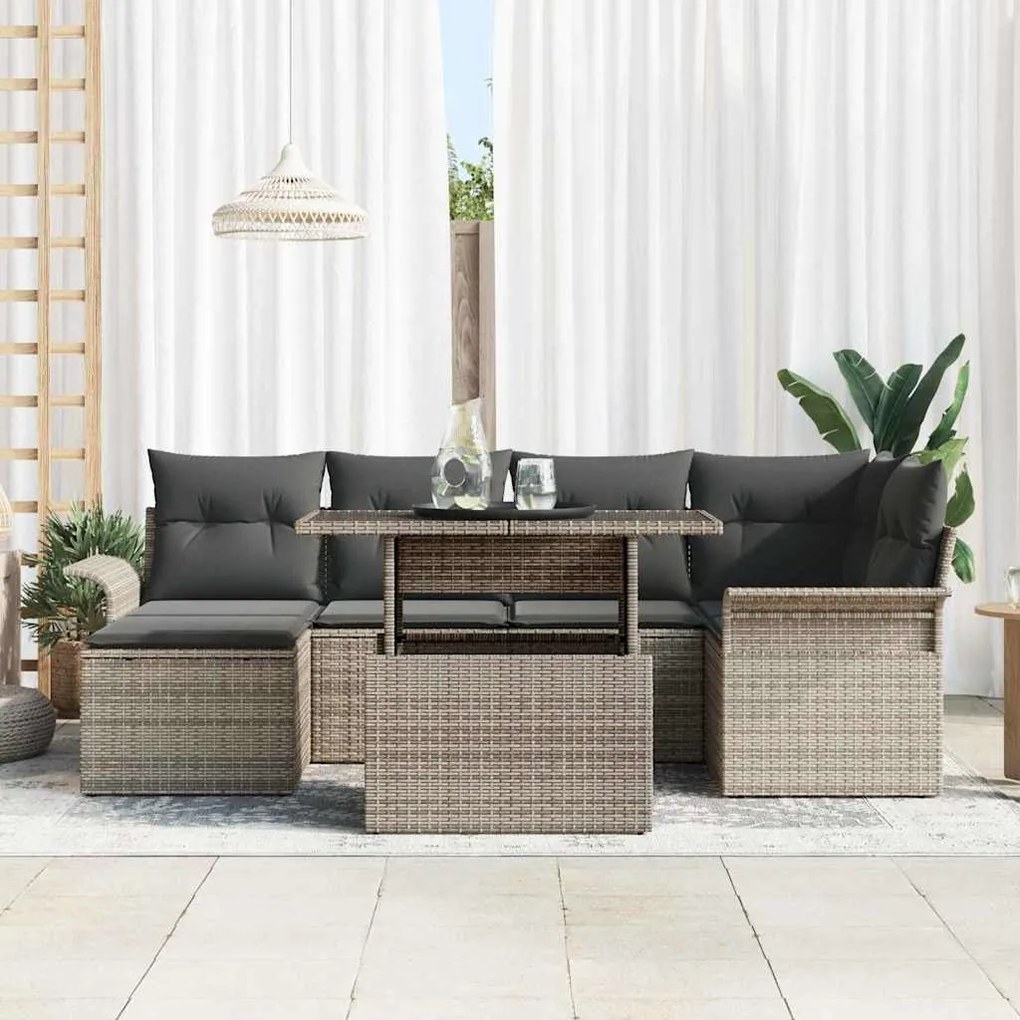 vidaXL Σετ Καναπέ Κήπου με μαξιλάρι 7 pcs Γκρι Πολυ ράταν