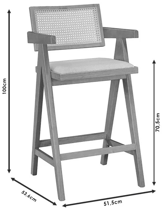 Σκαμπό bar με μπράτσα Winslow pakoworld ξύλο rubberwood ανοικτό καρυδί-pvc rattan φυσικό-ύφασμα γκρι | Συσκευασία 2 τμχ