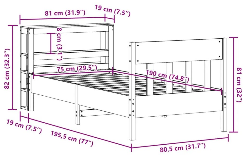 Σκελετός Κρεβατιού Χωρίς Στρώμα 75x190 εκ Μασίφ Ξύλο Πεύκου - Καφέ