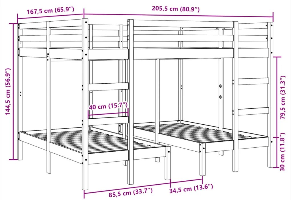 Σκελετός Τριπλής Κουκέτας Λευκός 160x200/80x160 εκ. Μασίφ Πεύκο - Λευκό