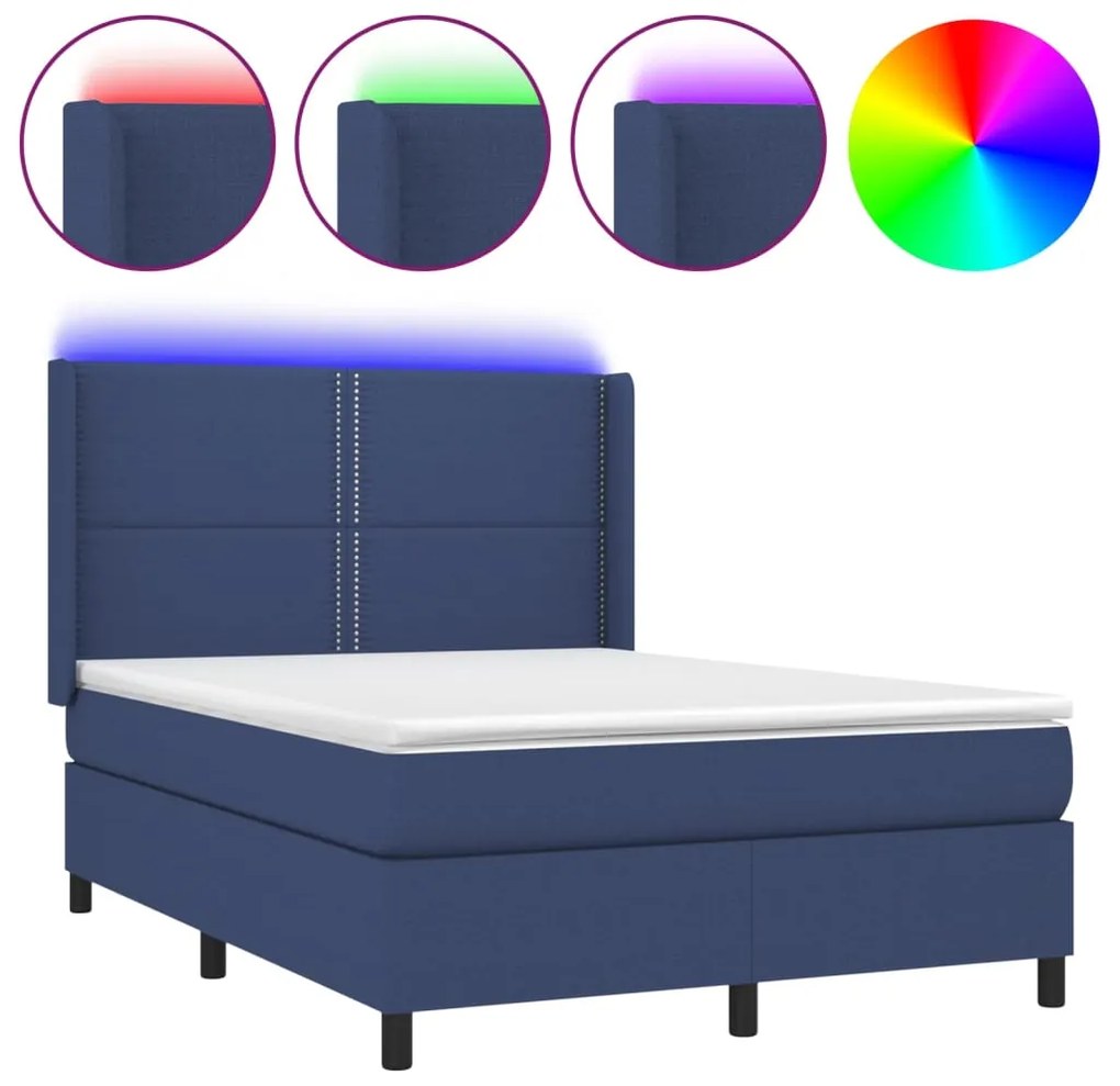 Κρεβάτι Boxspring με Στρώμα &amp; LED Μπλε 140x200 εκ. Υφασμάτινο - Μπλε