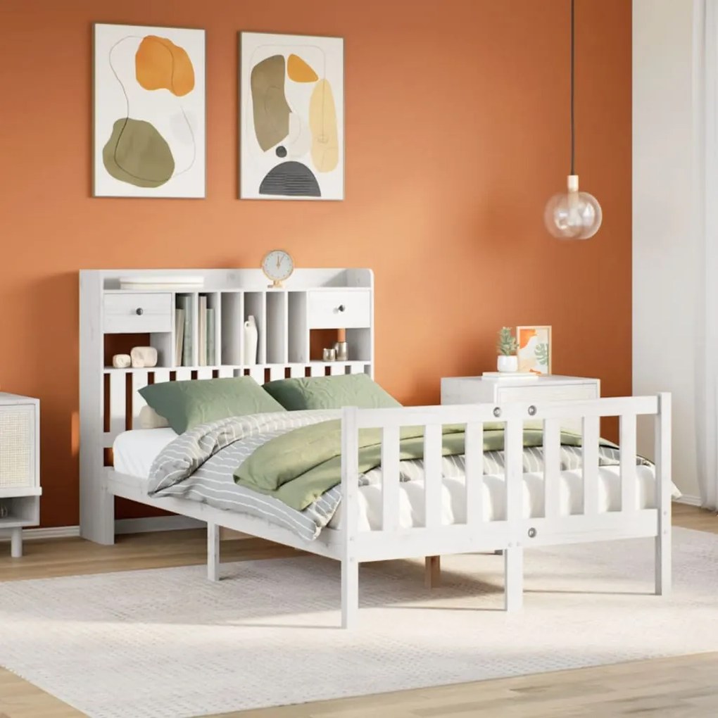 vidaXL Κρεβάτι Βιβλιοθήκη Χωρίς Στρώμα Λευκό 135x190 εκ Μασίφ Πεύκο