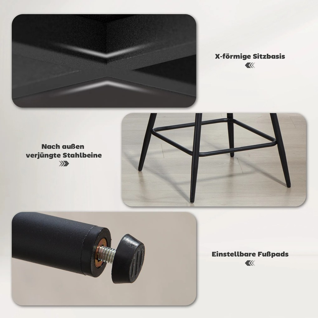 HOMCOM Σετ 2 σκαμπό μπαρ με κοτλέ ύφασμα και μεταλλικά πόδια, καρέκλες κουζίνας για νησίδα κουζίνας, τραπεζαρία, γκρι