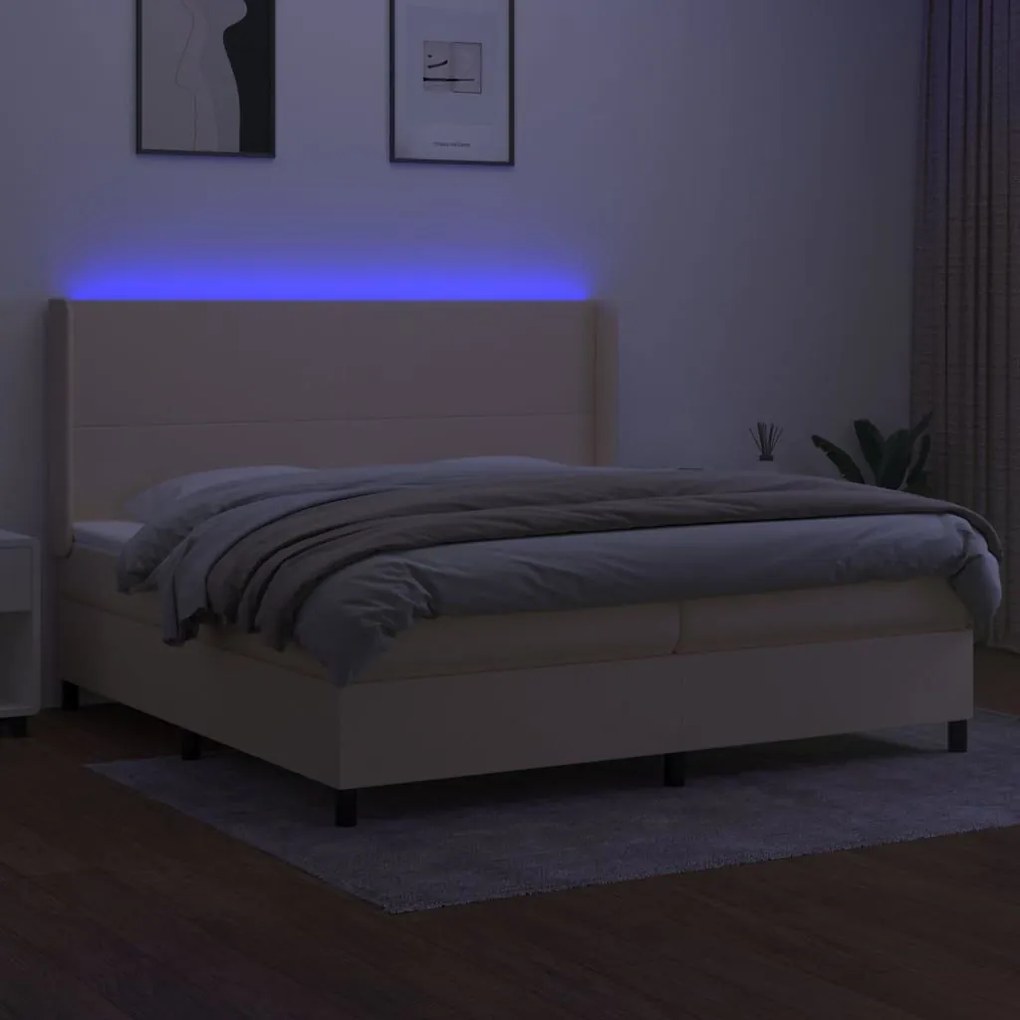 Κρεβάτι Boxspring με Στρώμα &amp; LED Κρεμ 200x200 εκ. Υφασμάτινο - Κρεμ