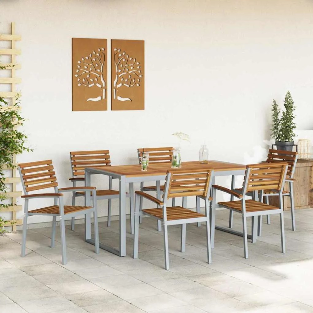 vidaXL Σέτ φαγητού για κήπο 7 pcs Γκρι και καφέ Μασίφ ξύλο ακακίας