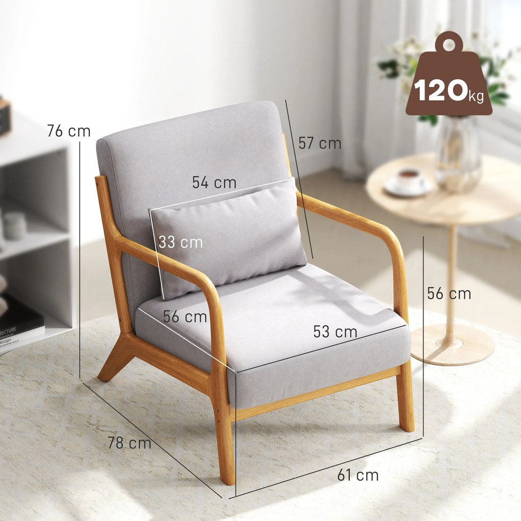 HOMCOM Κομψή πολυθρόνα lounge με ξύλινο σκελετό και επένδυση αφρού, βελούδινη όψη, για σαλόνι, υπνοδωμάτιο, Γκρι