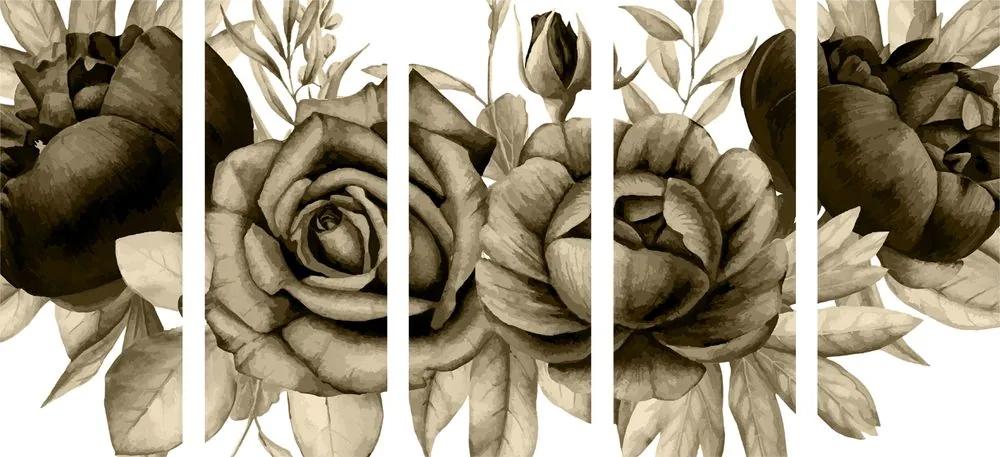 Εικόνα 5 μερών γοητευτικός συνδυασμός λουλουδιών και φύλλων σε σέπια - 100x50