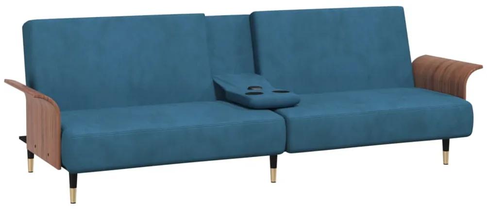 vidaXL Καναπές Κρεβάτι με Ποτηροθήκη Μπλε Βελούδινος