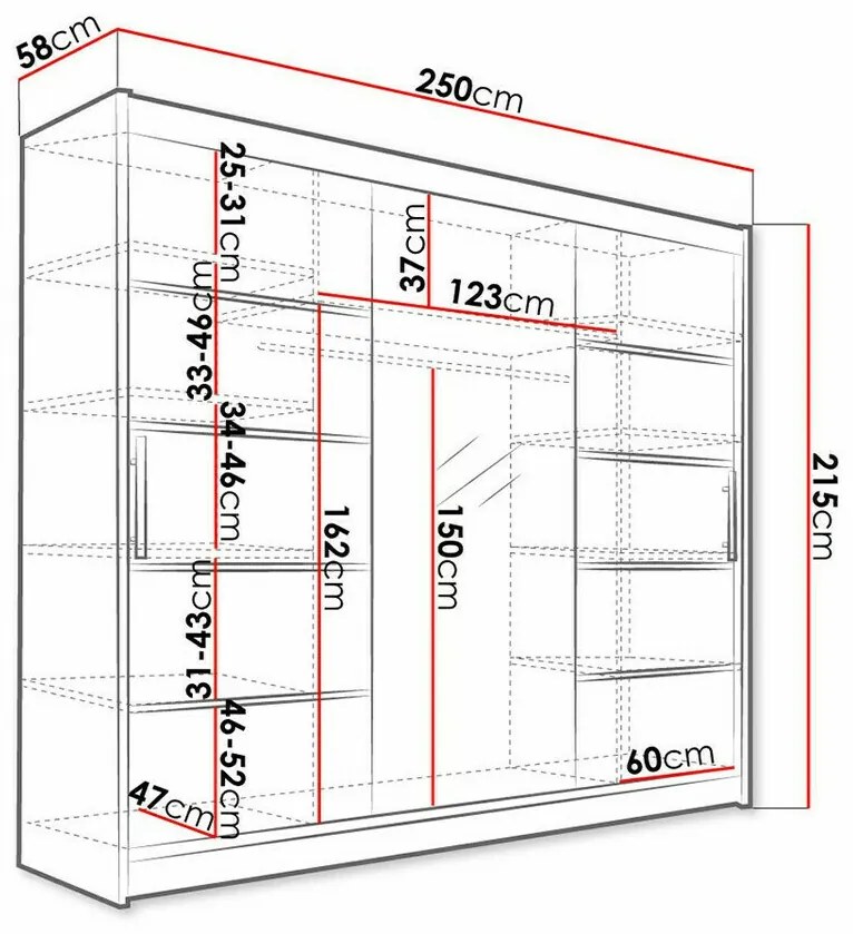 Ντουλάπα Atlanta 131, Sonoma οξιά, 215x250x58cm, 203 kg, Πόρτες ντουλάπας: Ολίσθηση, Αριθμός ραφιών: 9, Αριθμός ραφιών: 9 | Epipla1.gr