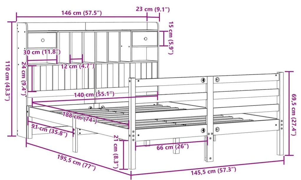 Κρεβάτι Βιβλιοθήκη Χωρίς Στρώμα 140x190 εκ Μασίφ Ξύλο Πεύκου - Λευκό