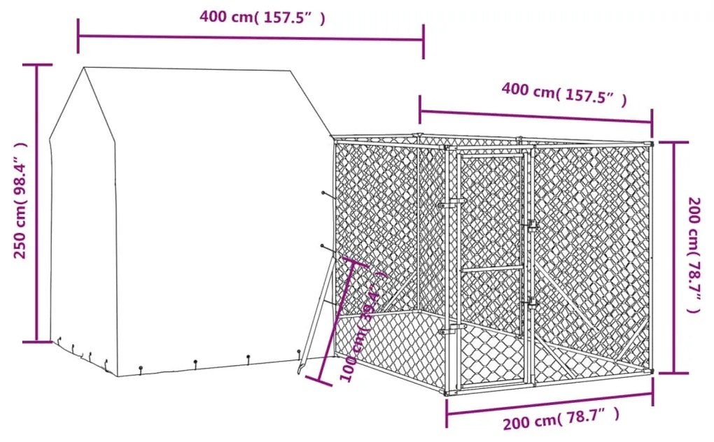vidaXL Κλουβί Σκύλου Εξ. Χώρου με Οροφή Ασημί 4x4x2,5 μ. Γαλβ. Ατσάλι