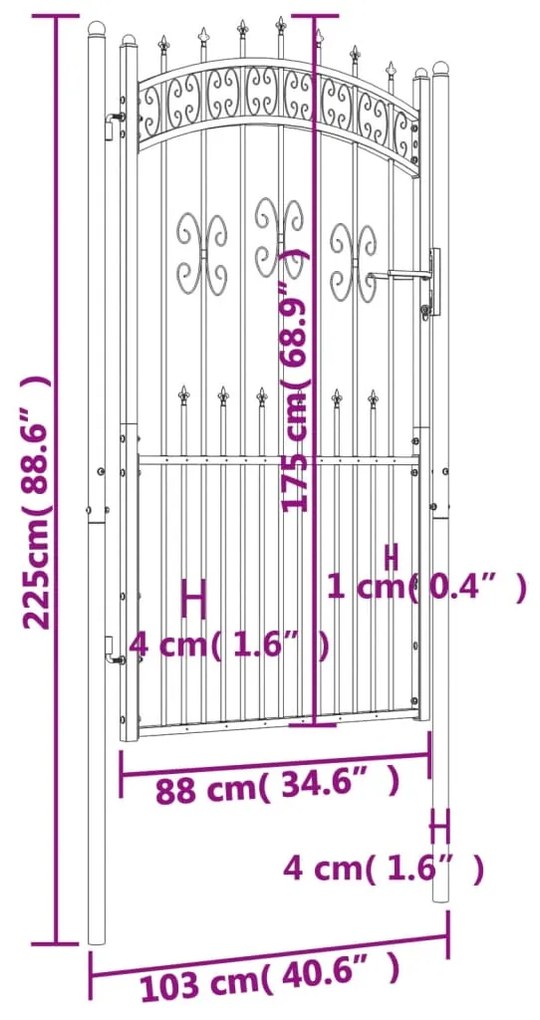 vidaXL Πόρτα Φράχτη με Ακίδες Μαύρη 103x225 εκ. Ατσάλι με Ηλεκτρ. Βαφή