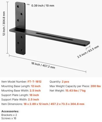 VEVOR 2 Pcs Shelf Brackets 18 inch / 457.2 mm Heavy Duty Floating Shelf Brackets
