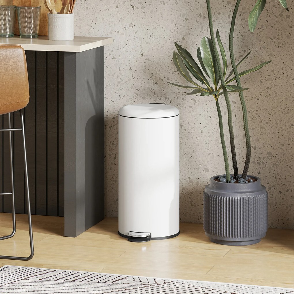 HOMCOM Κάδος απορριμμάτων 30L, κάδος με πεντάλ, κλειδαριά καπακιού, πεντάλ, ανθεκτικό σε λεκέδες, κρεμώδες λευκό