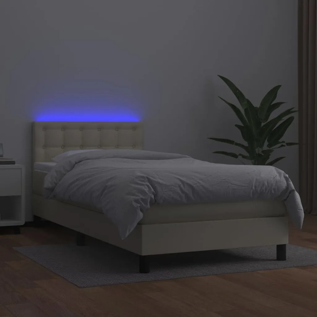 vidaXL Κρεβάτι Boxspring με Στρώμα & LED Κρεμ 90x200 εκ. Συνθ. Δέρμα
