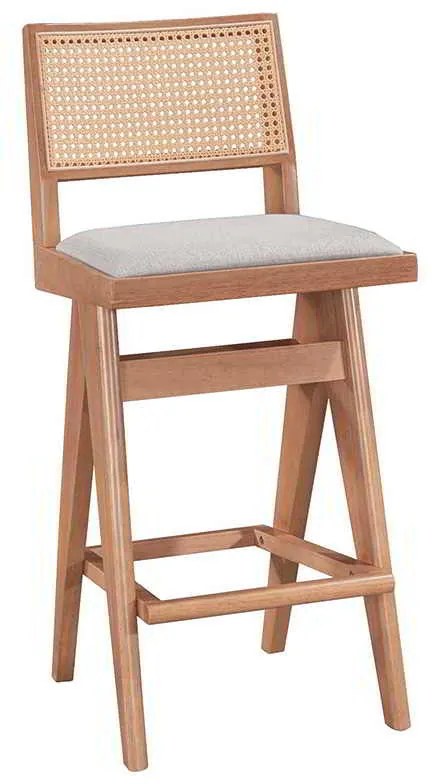 Σκαμπό bar Winslow pakoworld ξύλο rubberwood ανοικτό καρυδί-pvc rattan φυσικό-ύφασμα γκρι