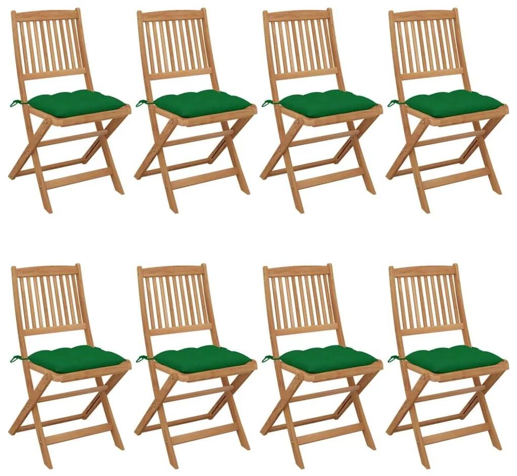 Καρέκλες Κήπου Πτυσσόμενες 8 τεμ Μασίφ Ξύλο Ακακίας &amp; Μαξιλάρια - Πράσινο
